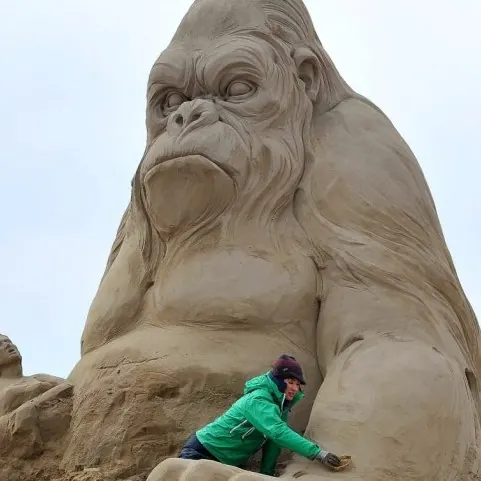 Escultura de arena de un gorila de gran tamaño, con una persona tallando la mano.
