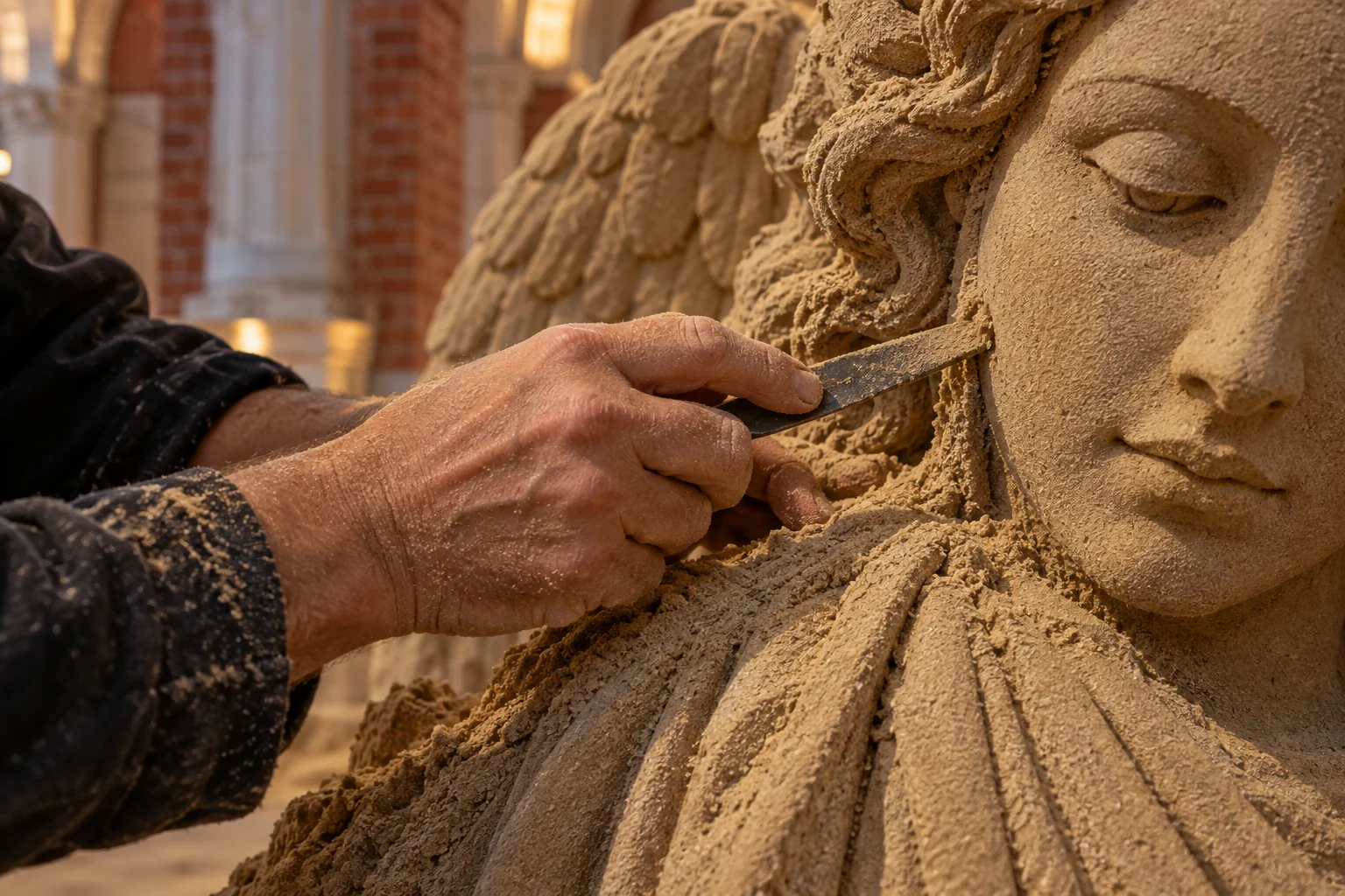 Recreación del proceso artesanal: una mano talla un rostro en arena compactada