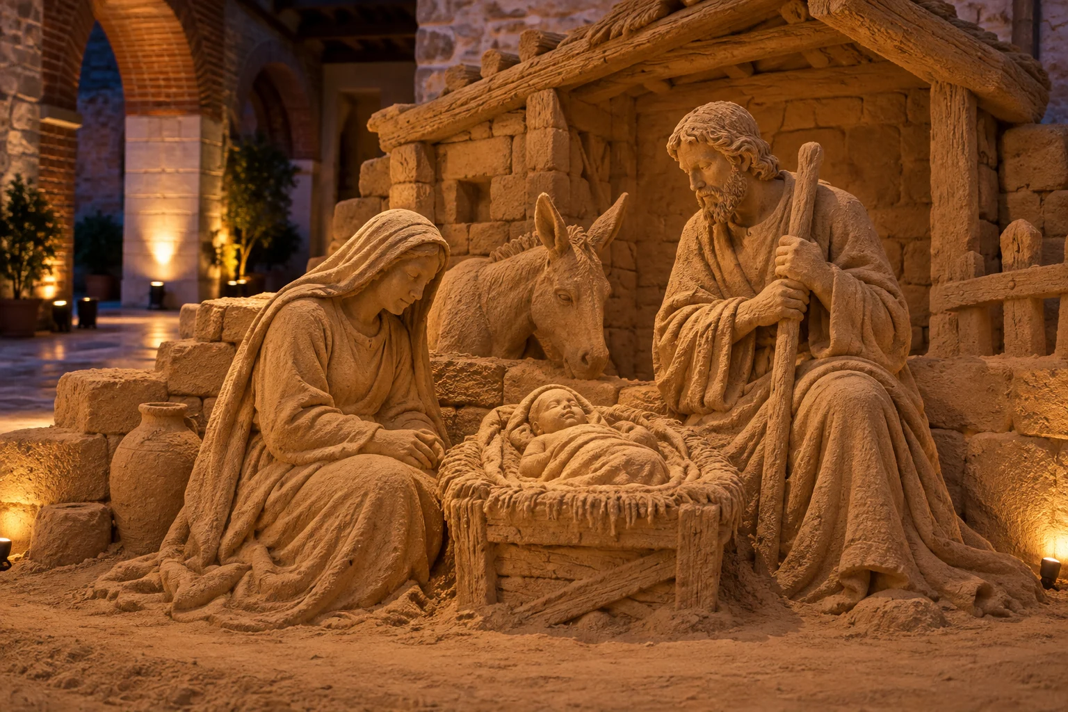 Recreación del Nacimiento de Jesús tallado en arena