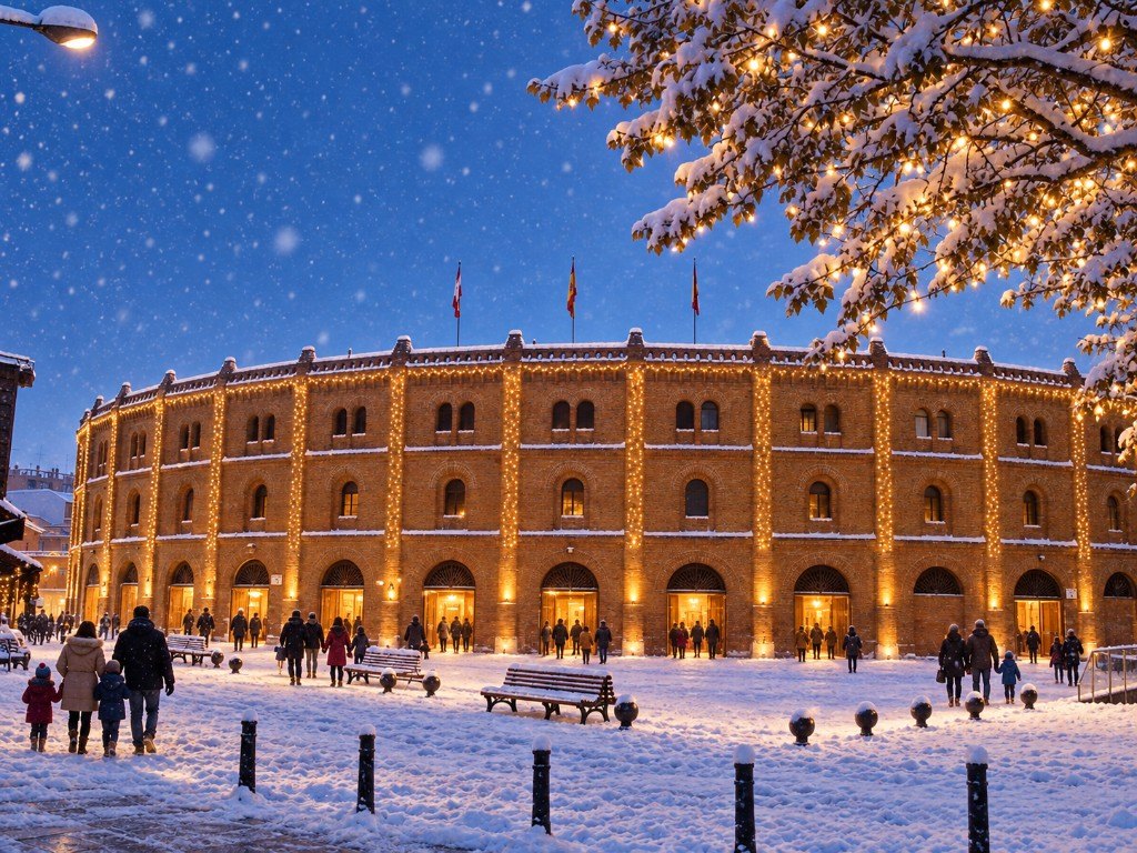 Plaza de Toros de Valladolid nevada, de noche