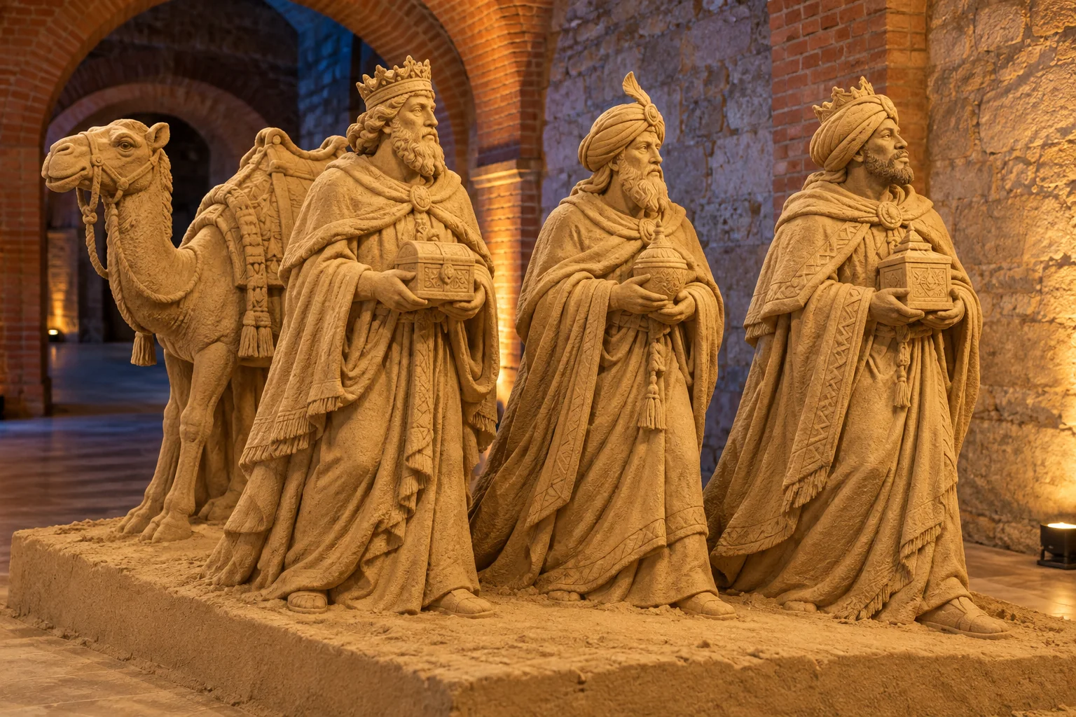 Recreación de los Reyes Magos en arena